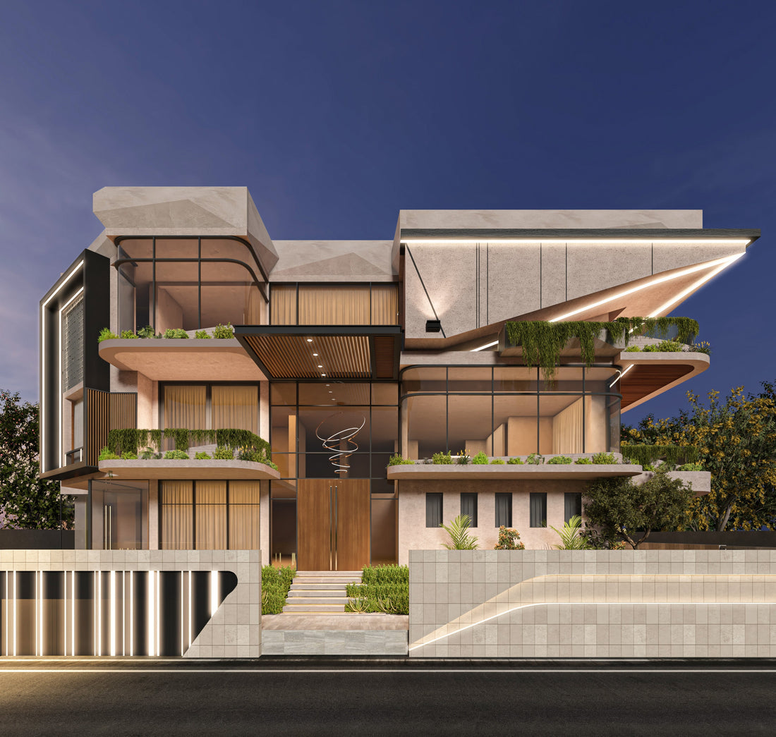 Modern three-story home featuring sleek architectural design with clean lines, large glass windows, integrated greenery on terraces, and ambient exterior lighting under a twilight sky